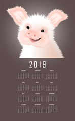 Calendar with the eastern symbol of 2019 the Pig. Happy smiling piggy vector illustartion on brown background