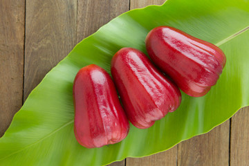 red rose apple on green leaf