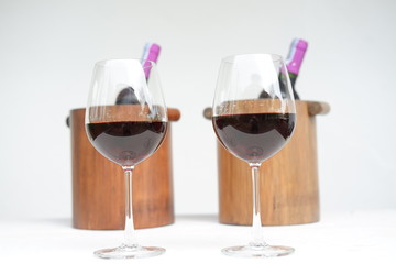 red wine glass and wine bottle, copy space