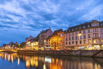 Fototapeta na wymiar Strasbourg France, Colorful Half Timber House night city skyline