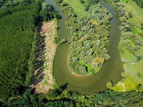 Aerial view of river Hernad in Hungary
