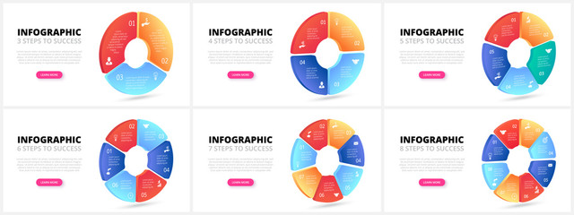 Vector gradient circles. Business template for presentation. Creative concept for isometric infographic with 3, 4, 5, 6, 7 and 8 steps, options, parts or processes.