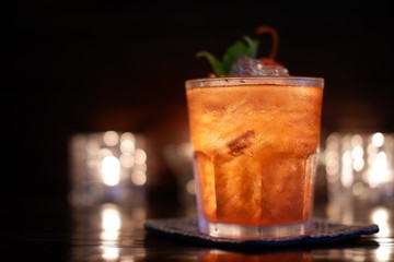 whisky smash cocktail on wooden and drink background