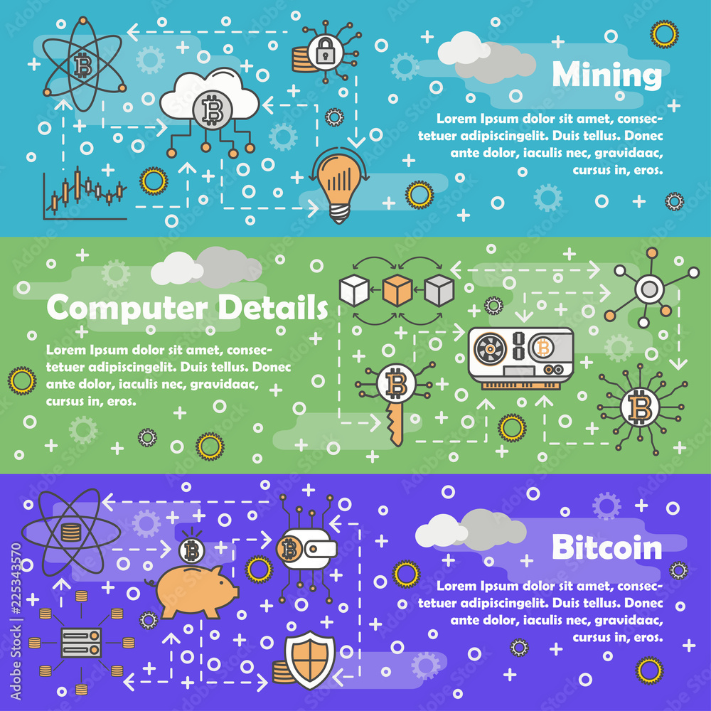 Wall mural vector thin line bitcoin web banner template set