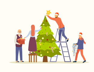 People decorating big Christmas tree vector flat illustration. Family decorates the tree for new year and christmas. Preparation for winter holidays. Eps 10.