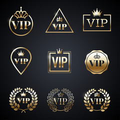 Golden VIP label set isolated on dark background. Symbol of exclusivity. Vip icons with crown, frame and laurel wreath. Luxury premium badge. Decoration elements for your design. Vector eps 10.