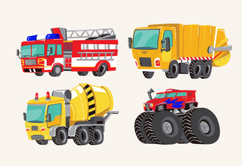 Funny cute hand drawn cartoon vehicles. Bright cartoon fire truck, fire engine, garbage truck, concrete mixer truck, and monster truck. Transport child items vector illustration on light background © FoxyImage