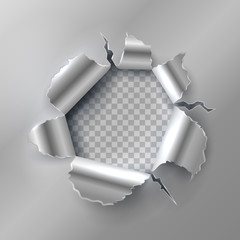 Bullet hole in metal. Opening with ripped steel edges. Vector illustration isolated on transparent background. Metallic aperture and edge projectile - obrazy, fototapety, plakaty