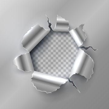 Bullet hole in metal. Opening with ripped steel edges. Vector illustration isolated on transparent background. Metallic aperture and edge projectile