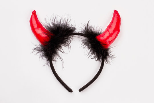 Halloween fuzzy devil horns headband. Black devil hair band with red horns. Accessory for Halloween party.