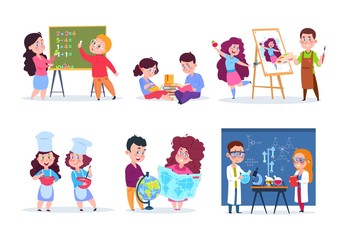 Children in lessons. School kids studying geography, chemistry, and math. Boys and girls read, draw and cook cartoon. Vector characters education lesson school, chemistry and geography