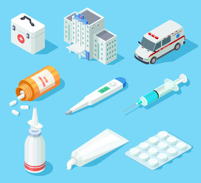 First aid kit. Medical pharmacy oral spray, medicines and pills. Ambulance car and hospital building isometric vector isolated set. Illustration of ambulance and hospital, medicine first aid