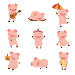 Cartoon pig. Cute smiling pigs playing in mud. Vector farm animal character set. Illustration of pig in mud, fun farm swine