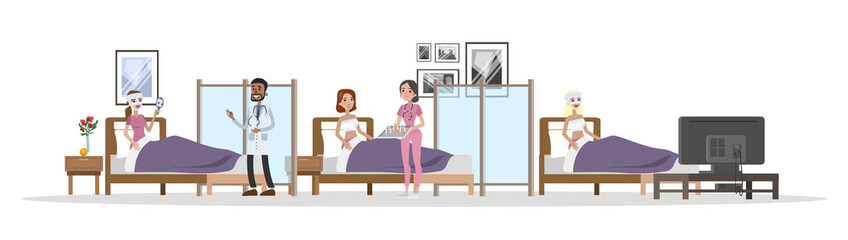 Plastic surgery clinic interior with women after operation