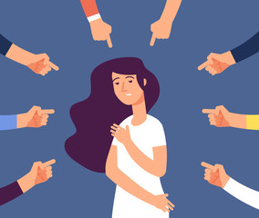 Victim women. Depressed girl in shame and hands with pointing finger. Guilty, ashamed female and blame in society vector concept. Woman frustrated, bullying employee illustration - obrazy, fototapety, plakaty