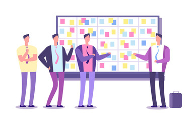 Scrum planning board. Employees planning work at taskboard. Business process leaning and meeting vector concept. Team work meeting, process methodology teamwork illustration