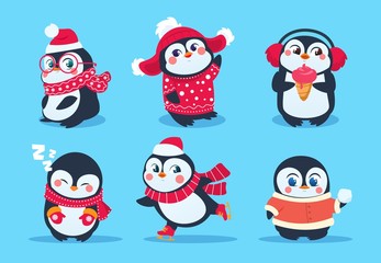 Penguins. Christmas penguin characters in winter clothes. Xmas holiday cute vector cartoon mascots. Cartoon christmas animal penguin illustration