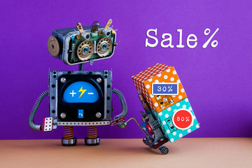 Special sale promotion poster. Comical delivery service robot moving forklift boxes with discount advertising stickers. Violet background