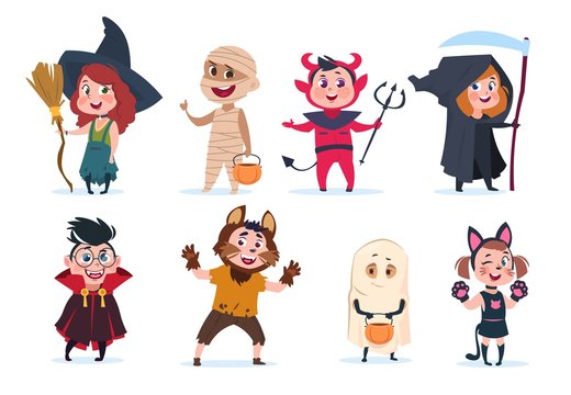 Halloween kids. Cartoon children in halloween costumes. Funny girls and boys at party vector isolated charactres. Illustration of girl and boy costume monster, dracula and mummy