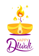 Obraz premium White Happy Diwali Hindu greeting card with oil lamp and candle.