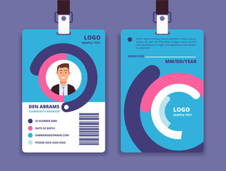 Corporate id card. Professional employee identity badge with man avatar. Vector design template. Id card identity, corporate business template badge pass illustration