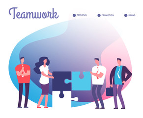 Business people solve puzzle. Development, easy solution and teamwork vector concept with employee characters and puzzle pieces. Teamwork business solution, employee make puzzle cooperation
