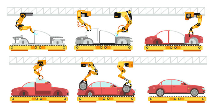 Car factory. Robotic automotive assembly line with automobiles. Conveyor for car assembly vector manufacturing concept. Car conveyor assembly, factory automotive production illustration