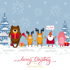 Christmas and New Year card with Santa Claus and cute animals.