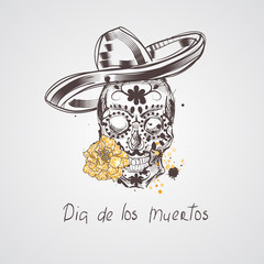 Skull. Dia de los Muertos, Day of the Dead card. Skull wearing sombrero and marigold flower