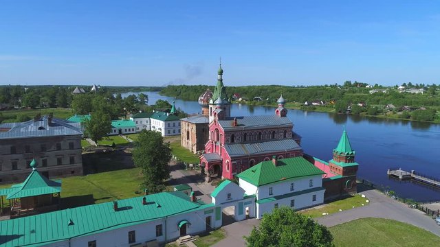 Old Ladoga St. Nicholas monastery, Sunny may day (aerial video). Staraya Ladoga, Russia 