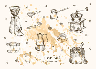 Obraz premium Vector illustration . Coffee sketch set. Vector pen style drawn objects.