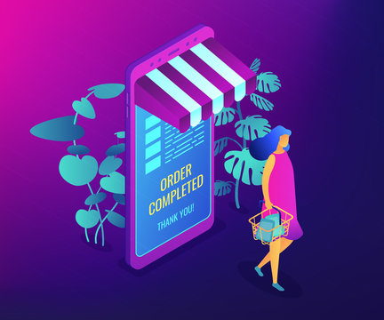 Female shopper buying with huge smartphone and online order completed. Online shopping and order confirm, online shopping cart and ecommerce concept. Ultraviolet neon vector isometric 3D illustration.