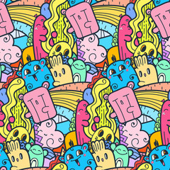 Obraz na płótnie Canvas Funny doodle monsters seamless pattern for prints, designs and coloring books