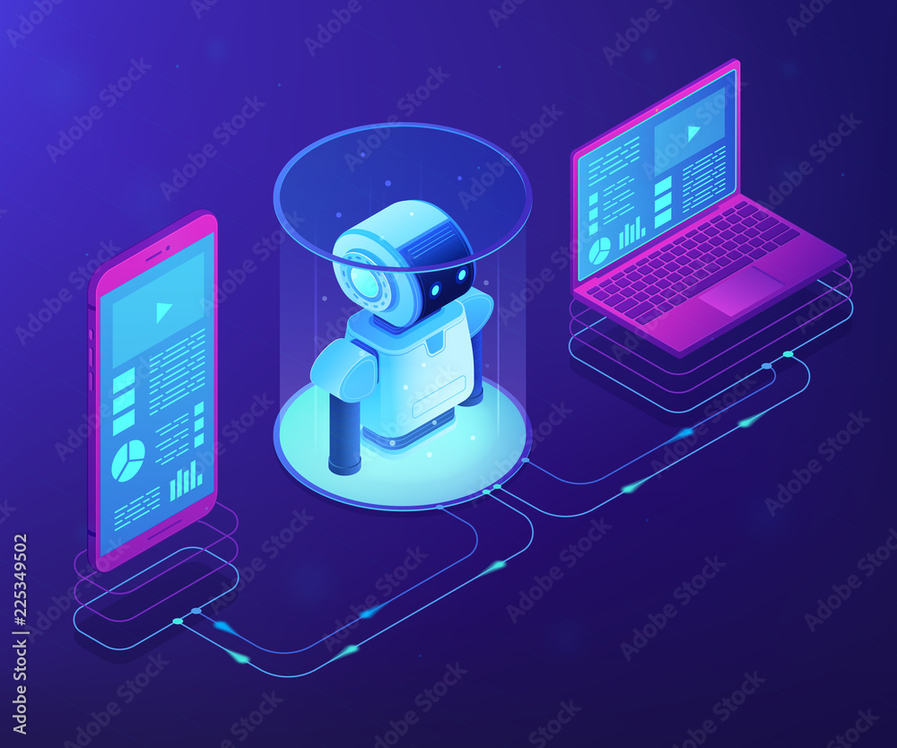 Poster modern robotics system connected with mobile phone and laptop. wifi controlled robotics, robotics de