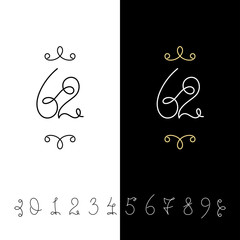Set of vector calligraphy numbers from 0 to 9. Lined ornate monogram.