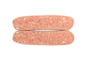 Sausages with slices isolated on white background