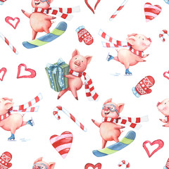 Watercolor seamless pattern with pigs and Christmas elements.