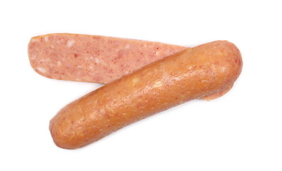 Sausages with slices isolated on white background