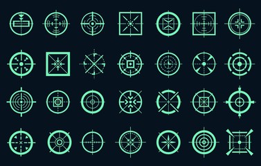 Game target cross icons. Sniper targeting mark pointers vector crosses, range shooting gun scope crosshairs
