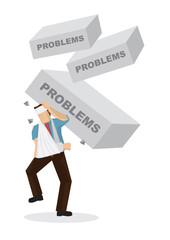 Bricks with a title problems falling down on injured businessman. Concept of misfortune, sabotage or crisis happening on the corporate world. Vector illustration.