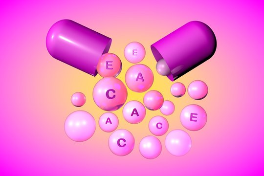 Open capsule with essential vitamin A, C, E pills on colorful background. Vitamin and mineral complex. Healthy life concept. Medical background. 3d illustration