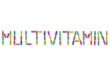 Multivitamin - isolated inscription on white background of multi-colored tablets. Medical preparations of douche use. Care for human and population health. Prevention of diseases. Minerals and trace