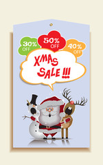 Christmas and New Year cartoon sale tag with Santa Claus,snowman and reindeer.Printable hand drawn holiday colorful coupon.