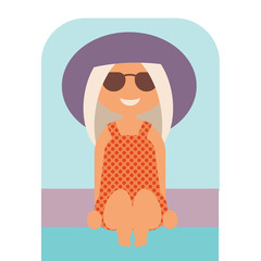 cartoon summer girl in a swimsuit and hat sunglasses