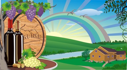 Rural landscape with wine and grapes and wooden wine barrel.