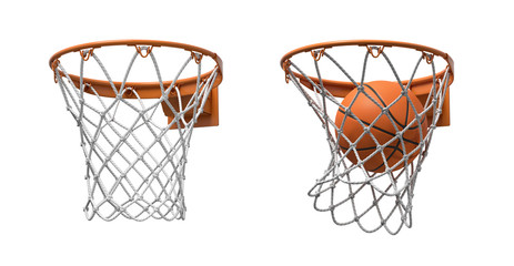 3d rendering of two basketball nets with orange hoops, one empty and one with a ball falling inside. © gearstd