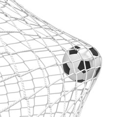 3d rendering of a football ball hitting the net inside the gate on white background. © gearstd