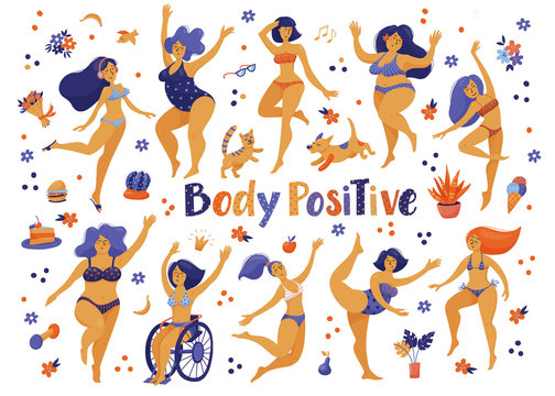Big set of happy slim and plus size women in bikini, swimming suits dancing, flat vector illustration isolated on white background. Body positive, girl power concept set of various happy women, girls