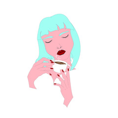 Girl with blue hair and red lips enjoys a cup of coffee. Illustration on white background.