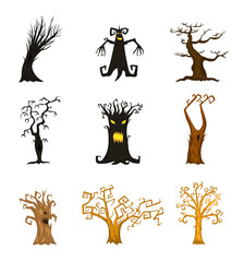 Halloween trees, creepy or scary and frightening branches. fabulous mythical or fantastic monsters. wooden creatures in the forest.